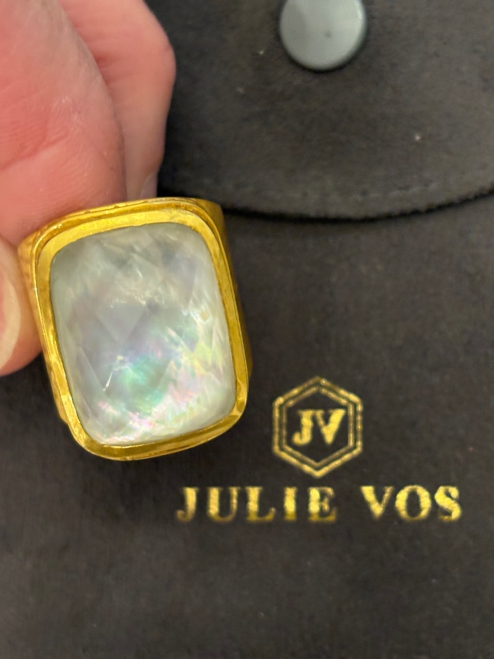 Julie Voss Catalina Mother of Pearl & Glass Doublet Statement Ring-Jewlery Pouch